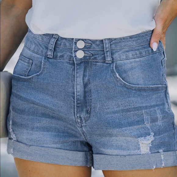 Sky Blue Cuffed High Rise Denim Shorts - Picture 8 of 8